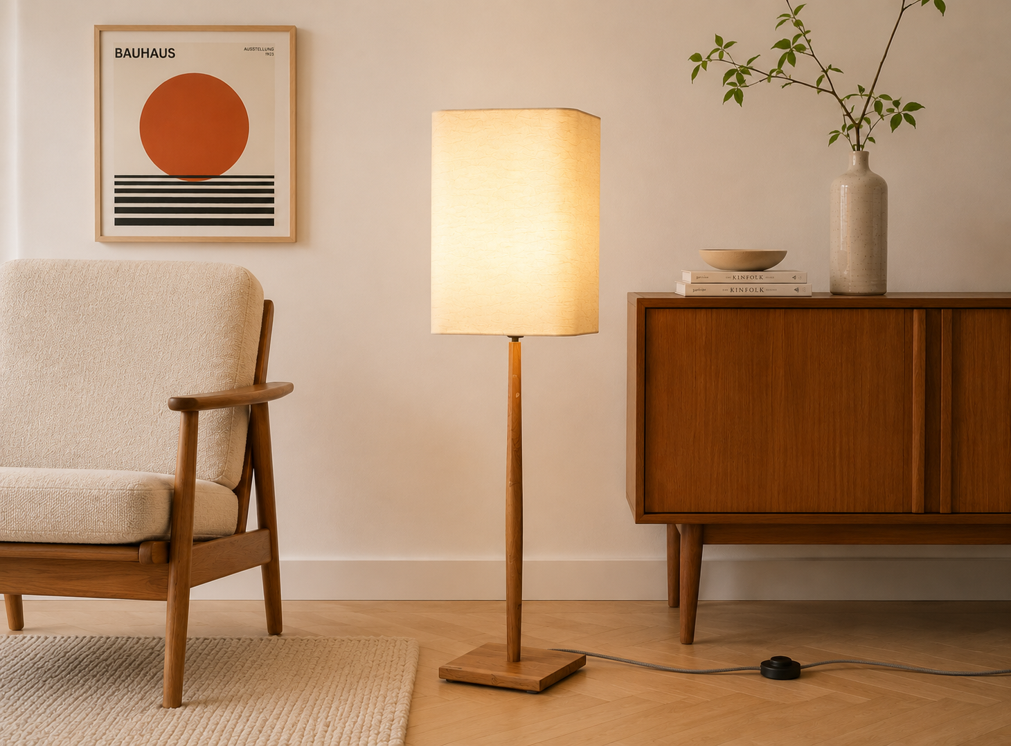 Stehlampe Furnier Quader weiß – Eiche/Buche