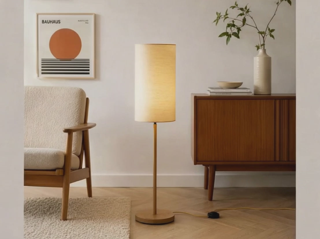 Stehlampe Furnier Zylinder retro – weiß
